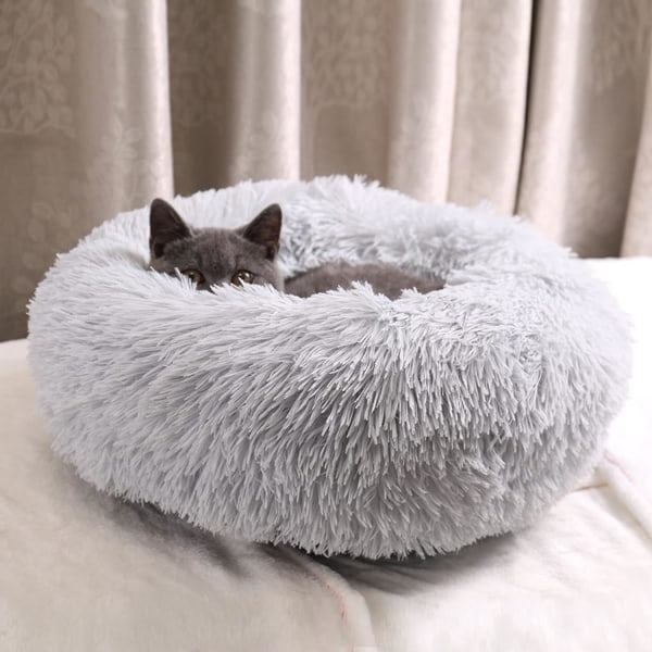 Plys donut hund seng, rolig rund hund katteseng blød og fluffy kram kæledyr pude automatisk varm hvalpeseng maskinvaskbar, grå 50cm