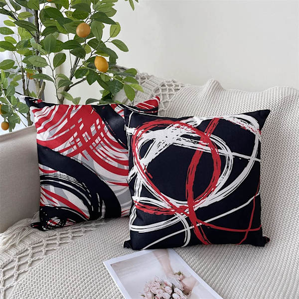 4 kpl tyynynpäälliset 45x45 cm, koristeelliset punamustat raidalliset pellavatyynynpäälliset