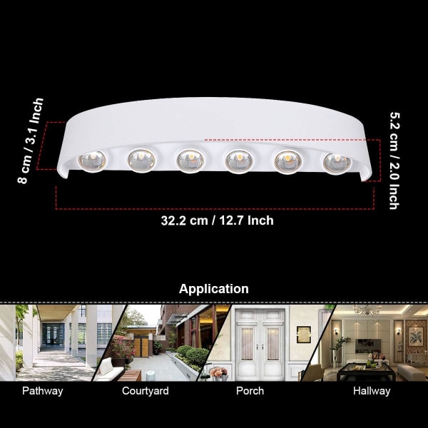 Moderne vandtætte LED-væglampe op og ned væglampe aluminium LED væglampe indendørs udendørs badeværelse soveværelse, 12W hvid