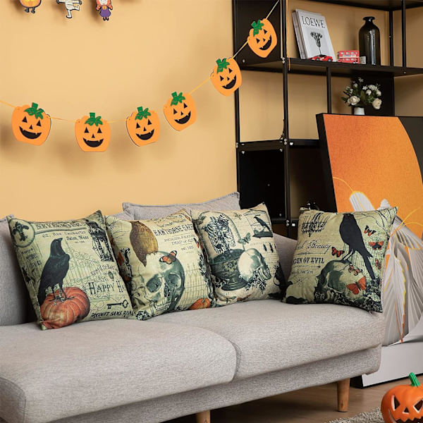 4 kpl Halloween-aiheisia pellavapäällisiä kallo-, pöllö-, korppi- ja kurpitsakuvioilla, 45 x 45 cm