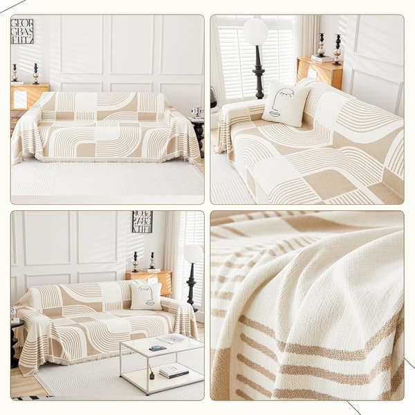 Boho Sofatrekk 3-seter, Chenille Sofatrekk, 180 x 340 cm, Khaki, Vaskbart, Sklisikkert, Dyrevennlig Sofatrekk med Dusker 180*340cm Khaki