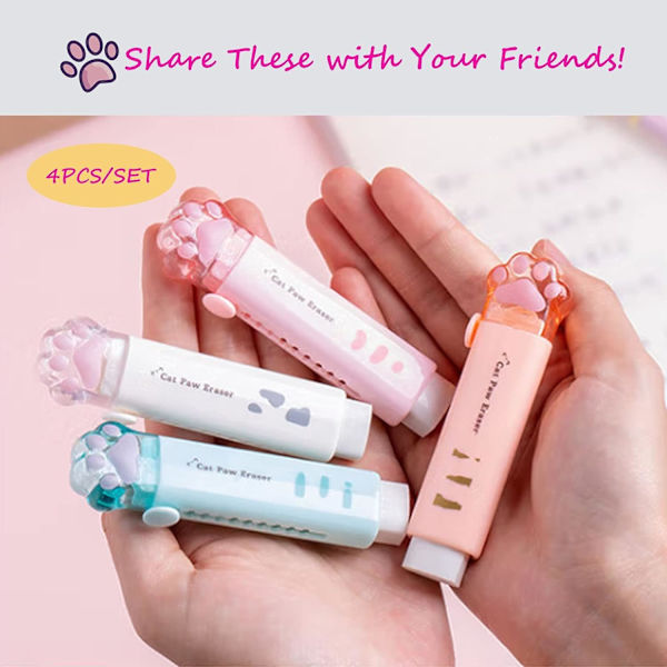 4 söpöä pyyhekumia, sisäänvedettävä pyyhekumi Kawaii kissan tassu pyyhekumit lapsille, kumi push-pull pyyhekumi opiskelijoille kirjoittamiseen, piirtämiseen esteettiset pyyhekumit