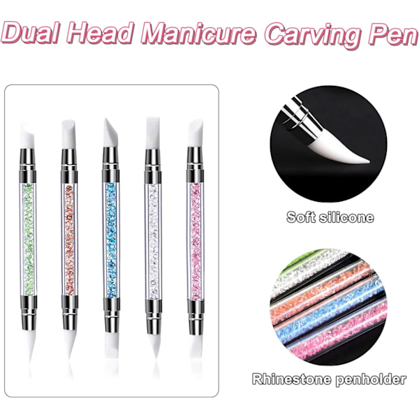 5 st Silikon Nagelkonst Penslar, Dubbeländad Manikyr Skulpteringspenna, Nagelkonst DIY Dekorationsverktyg Nagelborste Pricknings Salon Verktygsset