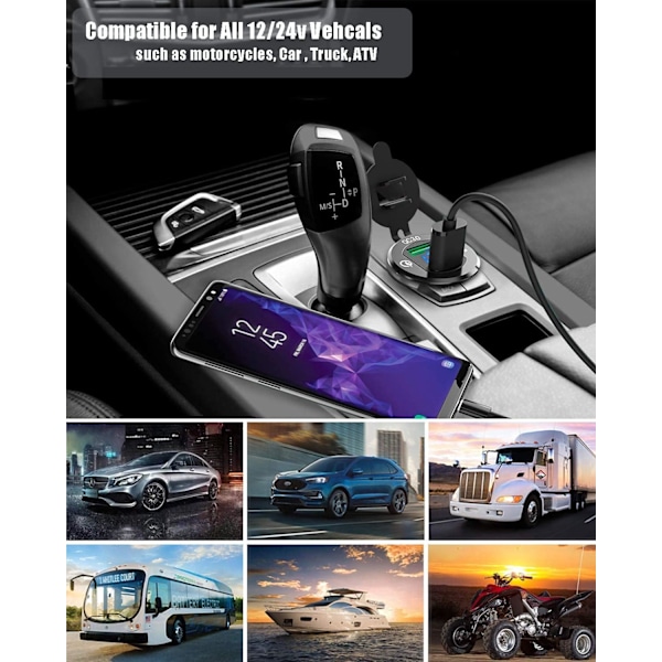 USB-pikalaturi autoon, kaksi QC3.0 USB-porttia, 12V/24V 36W vedenpitävä LED-digitaalisella jännitteenmittarilla moottoripyörään, asuntovaunuun, kuorma-autoon, veneeseen ja muuhun