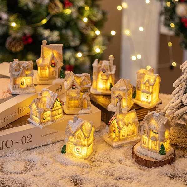Julgransprydnader julklappar jul LED-hus prydnad ljus harts små presenter inomhusdekoration hus by stuga (Stil E) Style E