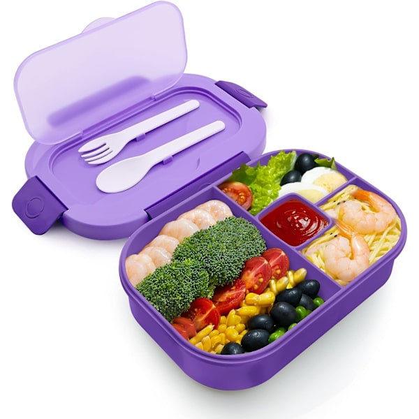 Bento Lunsjboks for Voksne og Barn, 4 Roms Lunsjboks for Menn og Kvinner med Bestikk, Lilla