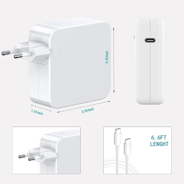 96W USB C Snabbladdare, Typ-C Strömadapter för MacBook Pro 16/15/14/13 tum, iPad Pro 12.9/11 tum, med 2M USB C till C Kabel