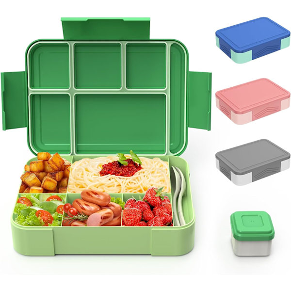 Lunchlåda för vuxna 1330 ml Bentolåda med 6 fack, med bestickset, läcksäker lunchlåda, grön