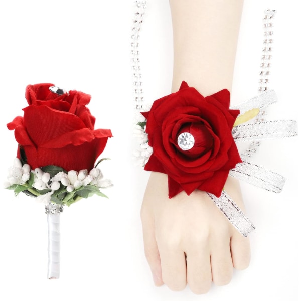 2-pak Bryllups Håndleds Corsage og Corsage Sæt, Rød Rose Bryllups Blomster Tilbehør Prom Sæt Dekoration