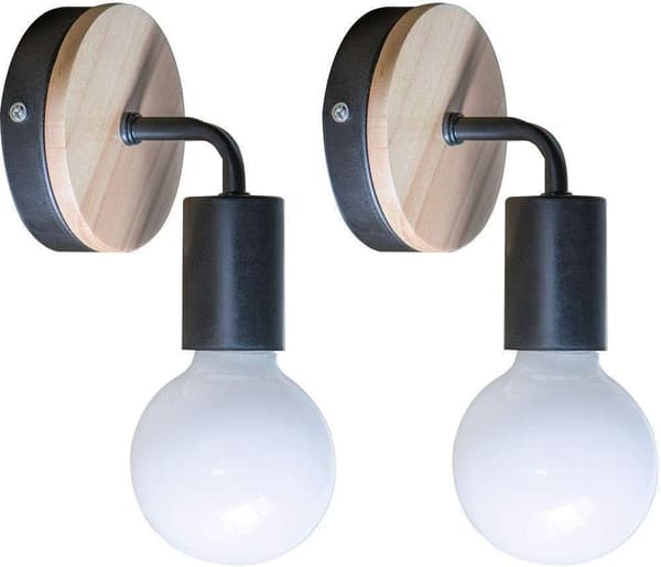 2 stk. Loft Sort væglampe Enkelhed E27 LED Jern og træplade (uden pære)