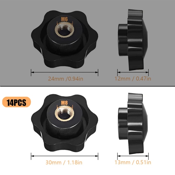 M8 naaraspuolinen kierteinen nuppikiinnike, tähtipäinen nuppikiinnikemutterit, kiinnikemutterit kahva tähtimuoto, naaraskierre musta muovi, koneistustyökalulle, 14 kappaletta