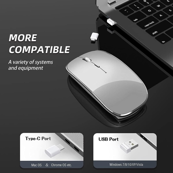 Trådløs mus genopladelig bærbar lydløs trådløs mus USB og Type-C dobbelt tilstand trådløs mus 3 justerbar DPI til bærbar computer, Mac, pc