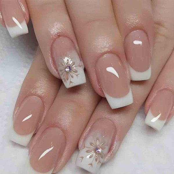 Nude falske negle tips firkantet fransk tryk på negle rhinestone medium længde slid kunstige negle til neglekunst manicure dekoration, 24 stk
