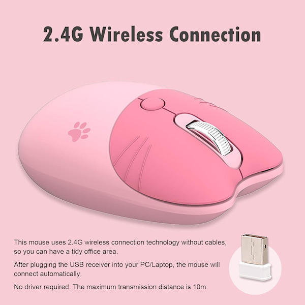 Langaton hiiri, kevyt hiljainen hiiri, 2,4 GHz langaton hiiri, karkkiväri, Kawaii-hiiri tytöille ja lapsille (vaaleanpunainen)