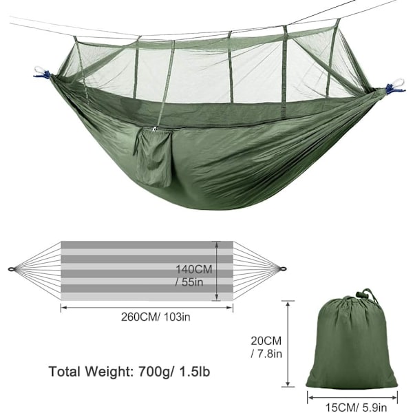 Nylon Hengekøye for 2 personer med stropp og karabinkrok 260x140cm 300kg bæreevne Ultralett bærbar utendørs hage camping fotturer reise utendørs