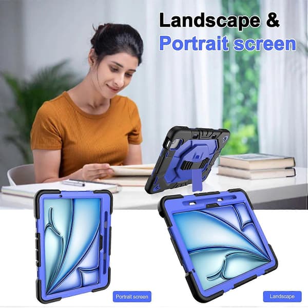 Etui til iPad Air 11 (2024) med støttefod, håndledsrem, PC+Silikone Tablet Cover - Sort+Blå