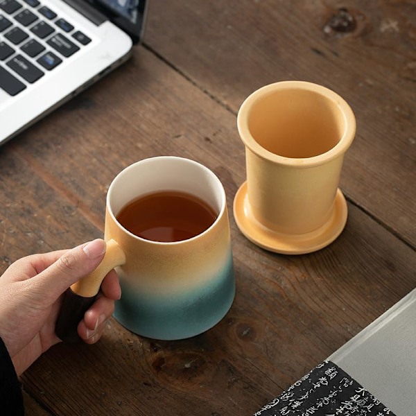 Blå og Hvid Tekopper med Træhåndtag Keramisk Tekop med Infuser og Låg Kop til Infusion af Løse Blade Te azul