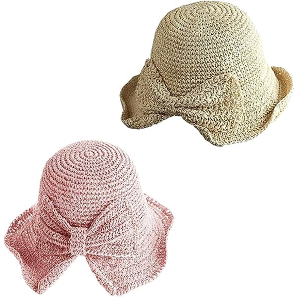 2-pack vikbar stråhatt med bred takfot sommar dam strandhatt dam strandhatt (läder rosa och beige)