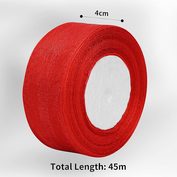 Rød Organza Bånd 40mm Bred til Håndværk Gaveindpakning Syning, 45m Rød Chiffon Bånd Stofbånd Gennemsigtig Bånd til Festdekorationer