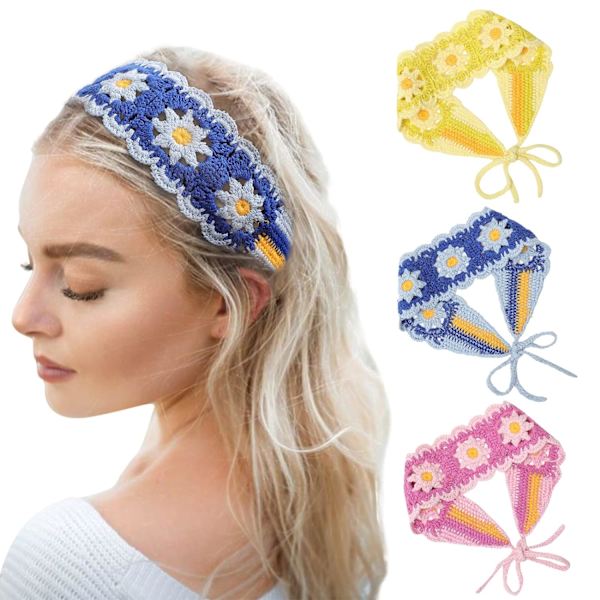 Hippie hårbandanas pannband för kvinnor Boho pannband stickade hårband blommigt huvudband för flickor