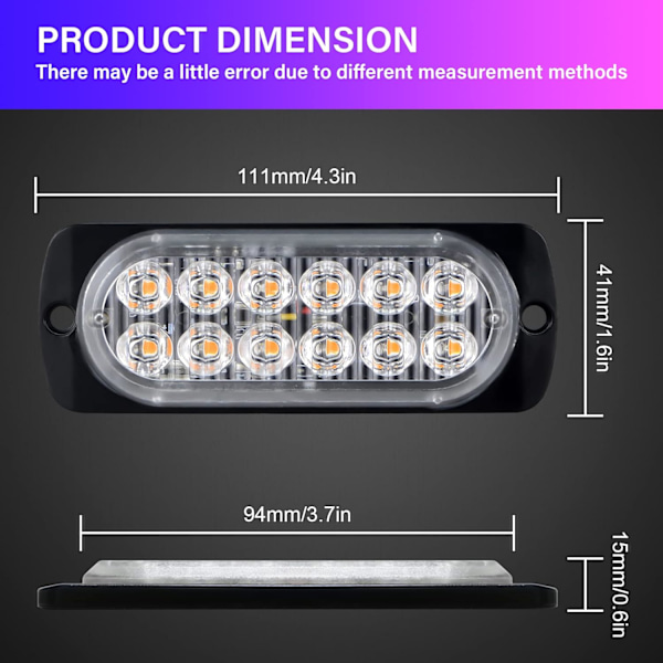 2 stk 12 LED Amber Blinkende Bremslys, 12V 24V LED Lyslist for Terrengkjøretøy Bil Varebil Båt Henger Caravan, 3000K Sikkerhetsblinkende Beacon