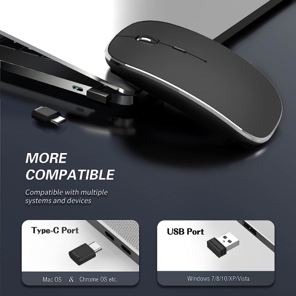 Trådlös mus Uppladdningsbar bärbar tyst trådlös mus USB och Type-C Dual Mode trådlös mus 3 justerbar DPI för bärbar dator, Mac, PC