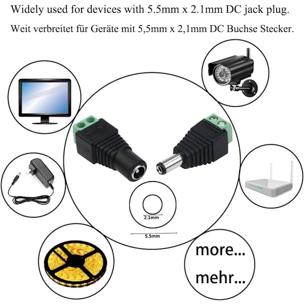 5,5x2,1mm DC hun DC han adapter 12V DC stikforbindelse, til CCTV-kamera LED-strimmel LED-strimmel eller andre DC 5V-24V-enheder (5hun+5han)