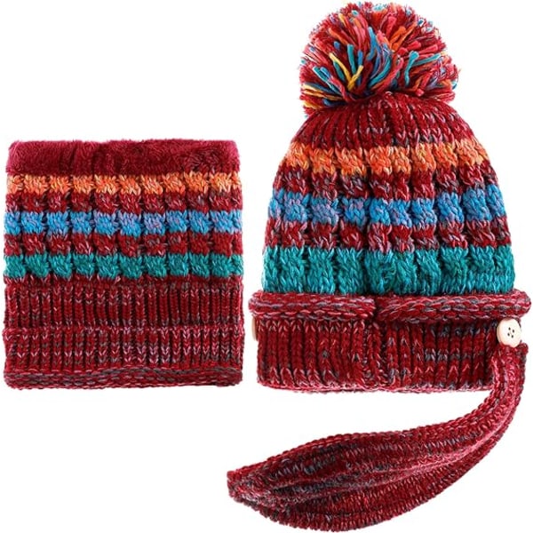 Vinterhattar för kvinnor Stickad mössa Mjuk varm fleecefodrad långa öronband Snow Ski Cap med Pompom