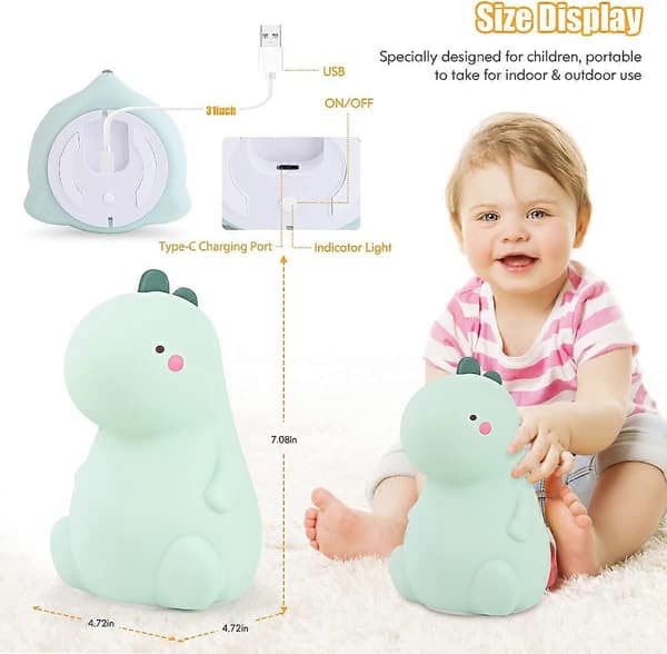 Dinosaur Silicone Natlampe til Børn, Farveskiftende, Grøn