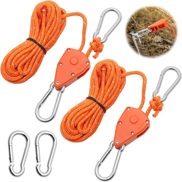 2 stk 4M Justerbar Ratsjestropp, Oransje 1/8 Ratsjestropptalje med 2 Erstatningskroker, Refleks Ratsjestroppspenner for Lampe Planter Teltet Vandring