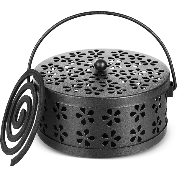 Retro bærbar jern mygge røgelse holder med håndtag rund brandsikker røgelse holder (sort)