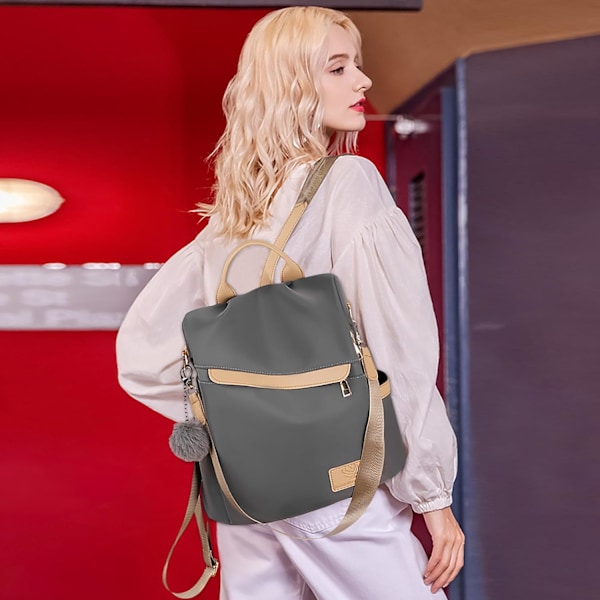 Ryggsäck för kvinnor, Casual Handväska, Axelväska, Stöldskyddande Reseväska, Skolväska, PU-Läder + Nylon Ryggsäck, Pompom Dekoration, Damväska, Ryggsäckar