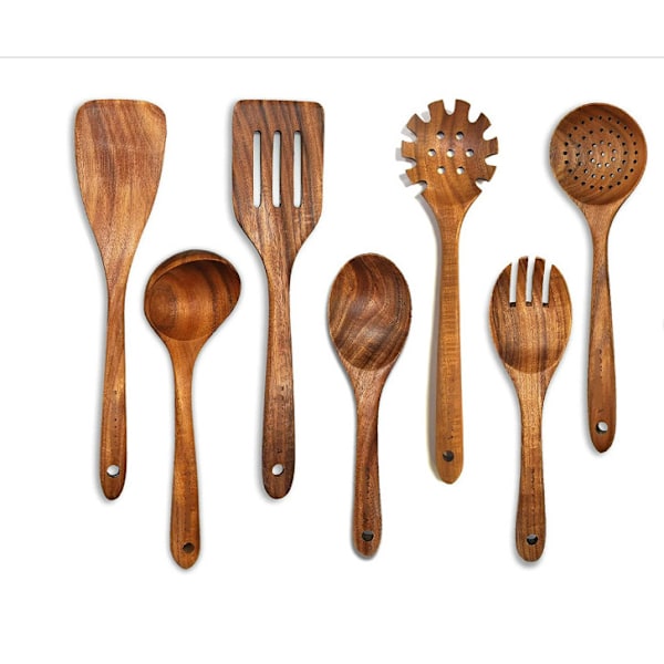 Tresetter i tre for matlaging, 7 stk tresleiver for matlaging i teak tresleiver sett tresleiver