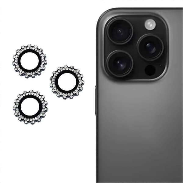 Kameraskydd för iPhone 16 Pro/16 Pro Max, kugghjulsformad strassdekor, härdat glas