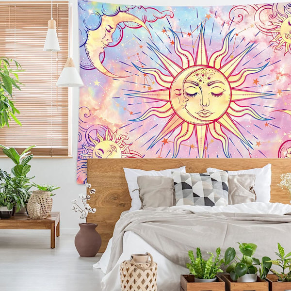 Pastellrosa gobeläng brinnande sol gobeläng mystisk gobeläng himmelsk sol och måne med stjärnor gobeläng
