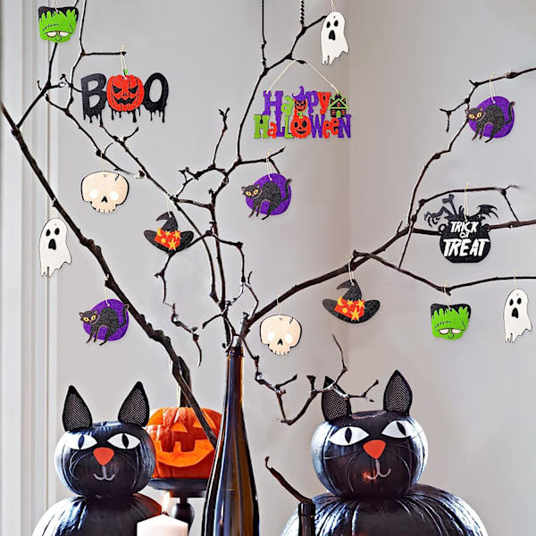 18 kpl Halloween-aiheisia puukoristeita Trick or Treat -kurpitsa Boo Noitien hattu Musta kissa
