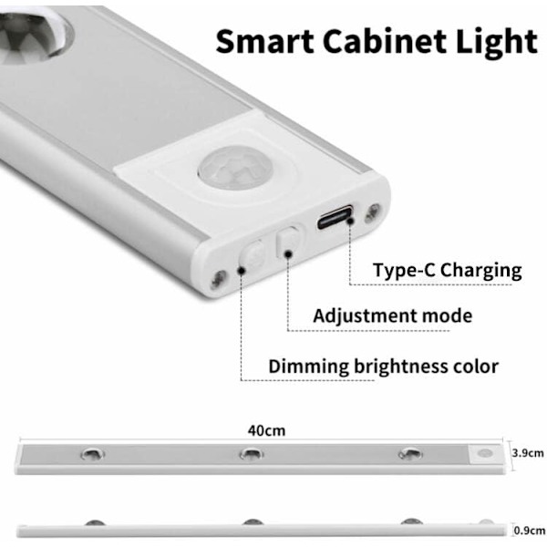 LED-lampe, 40 cm skaplampe med bevegelsessensor, USB-ladbare, 3 lysmoduser og magnetisk feste for skap/gang/garasje - Sølv