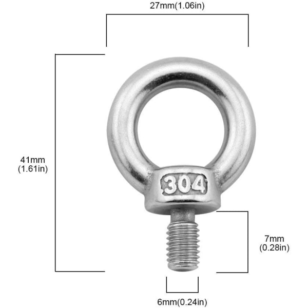 Ögonbult M6/0,24\" Han gängade skruvar i rostfritt stål Marin viktlyftbultar 5 st