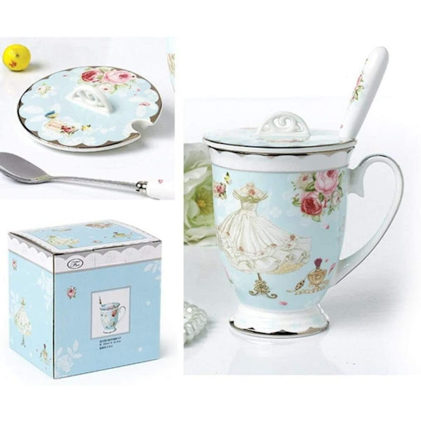 Art Style Bone China Tekop med låg til morgenmad og køkken Rose Butterflies 11,5x8,7cm