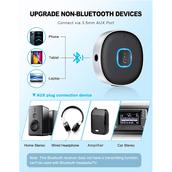 Bil Bluetooth 3.5mm AUX Adapter, Mini Bluetooth 5.3 Bilforstærkere til Stereo/Højttaler/Kablede Hovedtelefoner