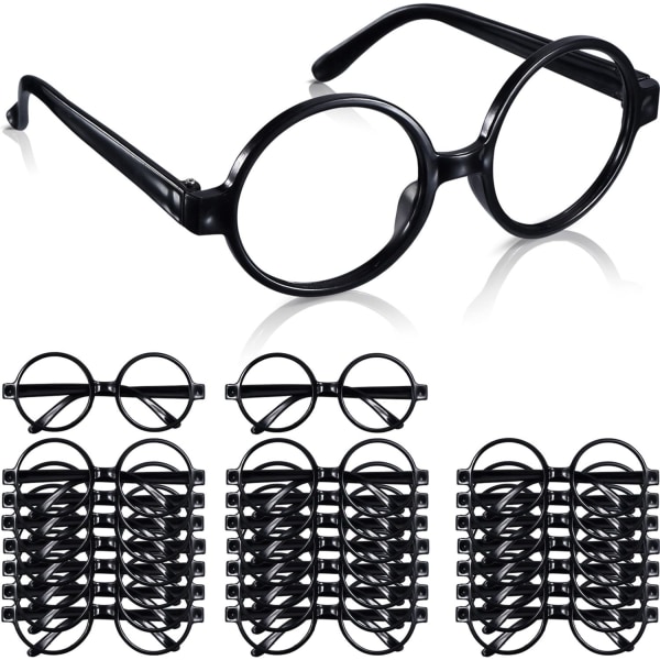 Trollkarlglasögon i plast Svarta runda glasögonbågar Inga linser Trollkarl-nördglasögon för Halloween-kostymer till festtillbehör (24 förpackningar)