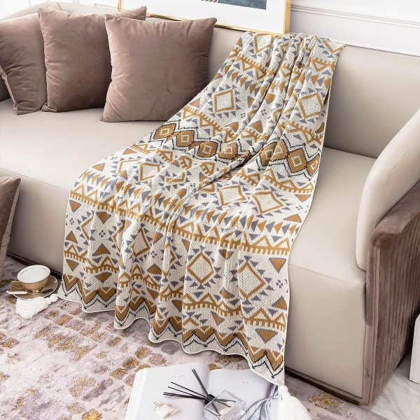 Brun kast tæppe, strikket kvast vintage tan kast tæppe, blødt let Boho kast tæppe til sofa seng og stue (130*170cm)