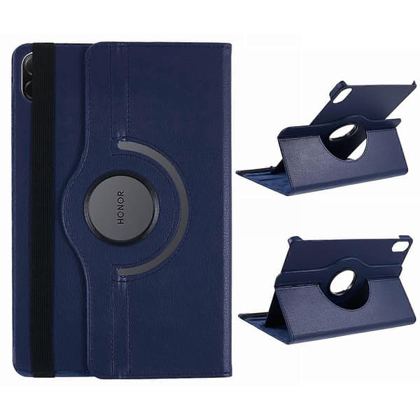 For Honor Pad X8a/Pad X9 Etui Roterende Stativ PU Læder+PC Tablet Cover med Elastikbånd - Mørkeblå