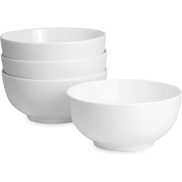 Porcelænsskåle - Sæt med 4 | 600 ml hvid skål | Perfekt til desserter, morgenmad og supper | Tåler opvaskemaskine, mikroovn og ovn