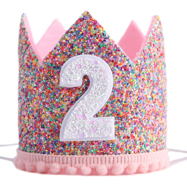 Rainbow Crown för 2:a födelsedagsfest- Glitter Birthday Crown, Födelsedagshattar för barn, Babys födelsedag Fotorekvisita, Crown