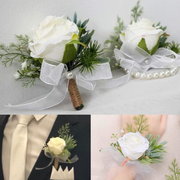 2-pack, vit ros handledsblomster och mans corsage set, corsage och handledsblomster armband ros bröllop blomma tillbehör