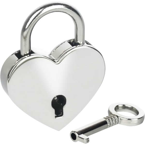 Mini dekorativ hengelås med hjertenøkkel, 3,9 x 3 x 0,7 cm, sølv