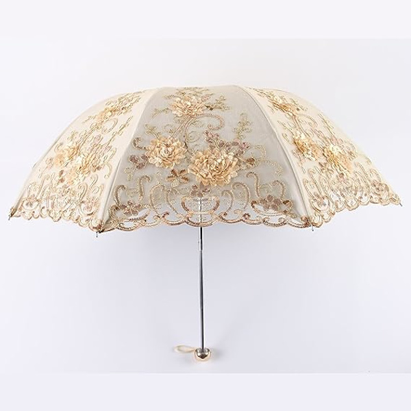 Vintage blonde UV solparasol, foldbar med 3D blomsterbroderi