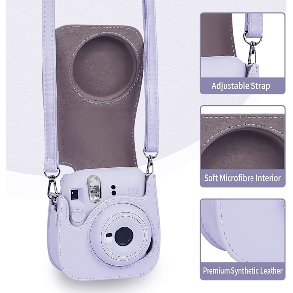Phetium Instant mini 11 Kameraskydd Kompatibel med Instax Mini11, PU Läderfodral med Ficka och Justerbar Axelrem (Lila Lila)