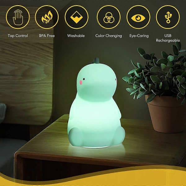 Dinosaur Silicone Natlampe til Børn, Farveskiftende, Grøn
